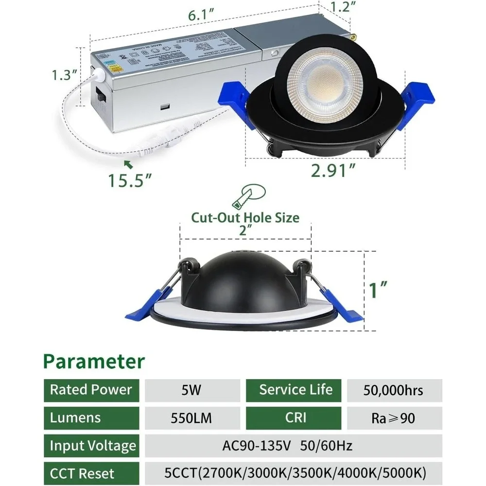 Zouzai 2in Gimbal‎ LED Recessed Light Black 5CCT 5W 550LM 360° ETL 6 Pack